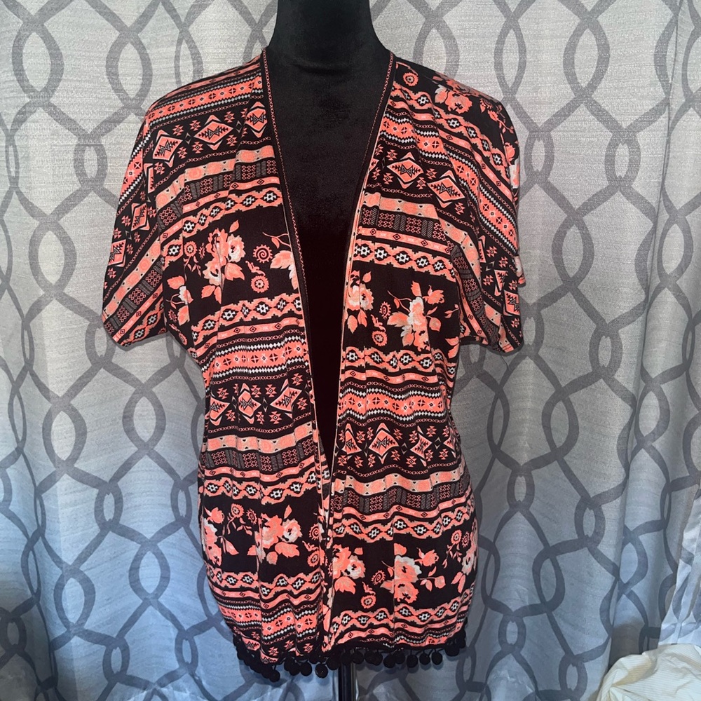 Coral kimono with pom poms